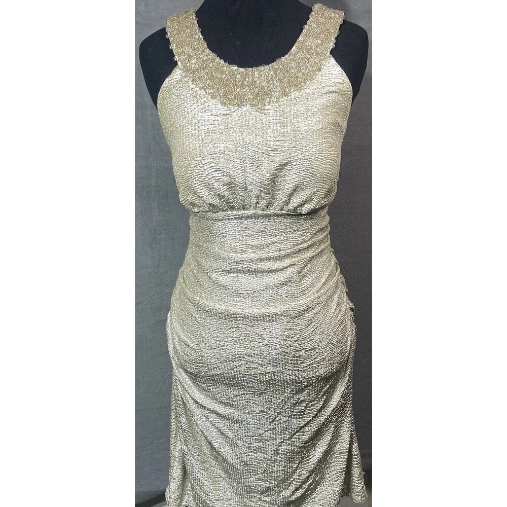 Cachet Champagne Metallic Ruched Cocktail Dress Size 14 Built In Bra NWT